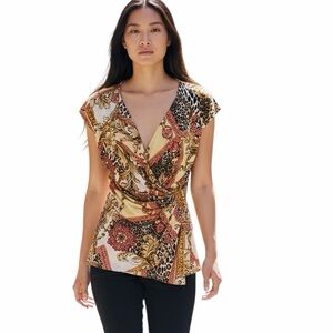 Y2K Cache Slinky Faux Wrap Babydoll Top Animal Chain Print Retro Western Chic